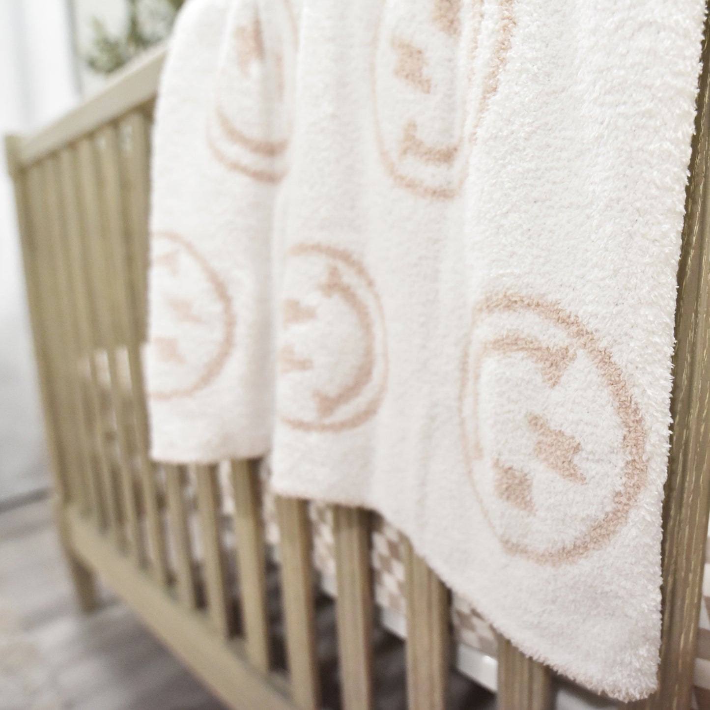 Baby Blanket Plush Fuzzy Reversible 28"x40"- Tan/White Smiley Face with Lightning Bolt Eyes