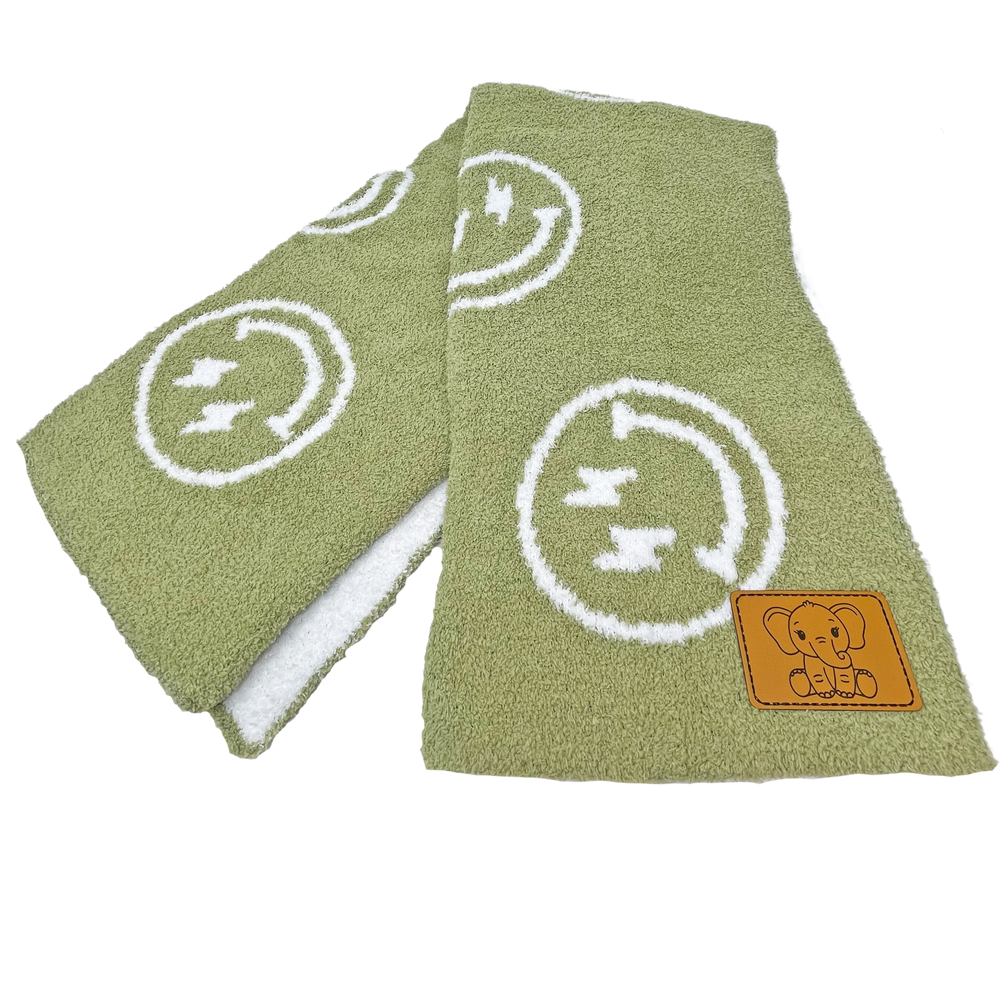 Baby Blanket Plush Fuzzy Reversible 28"x40"- Green/White Smiley Face with Lightning Bolt Eyes