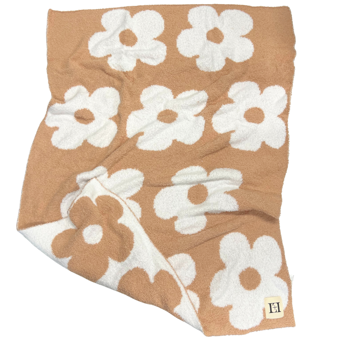 Baby Blanket Plush Fuzzy Reversible 28"x40"- Cafe/White Flower