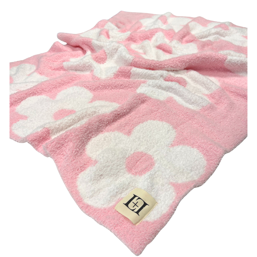 Baby Blanket Plush Fuzzy Reversible 28"x40"- Pink/White Flower