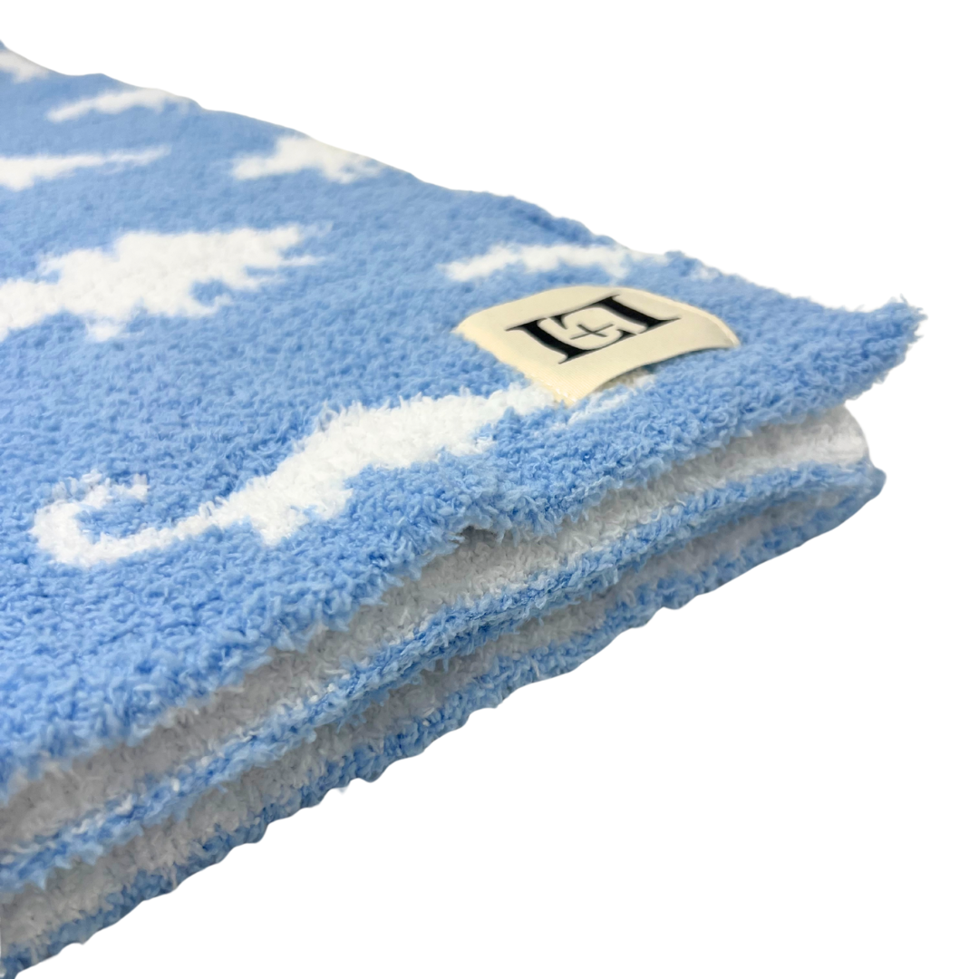 Baby Blanket with Leather Patch 28"x40"- Blue/White Dinosaur