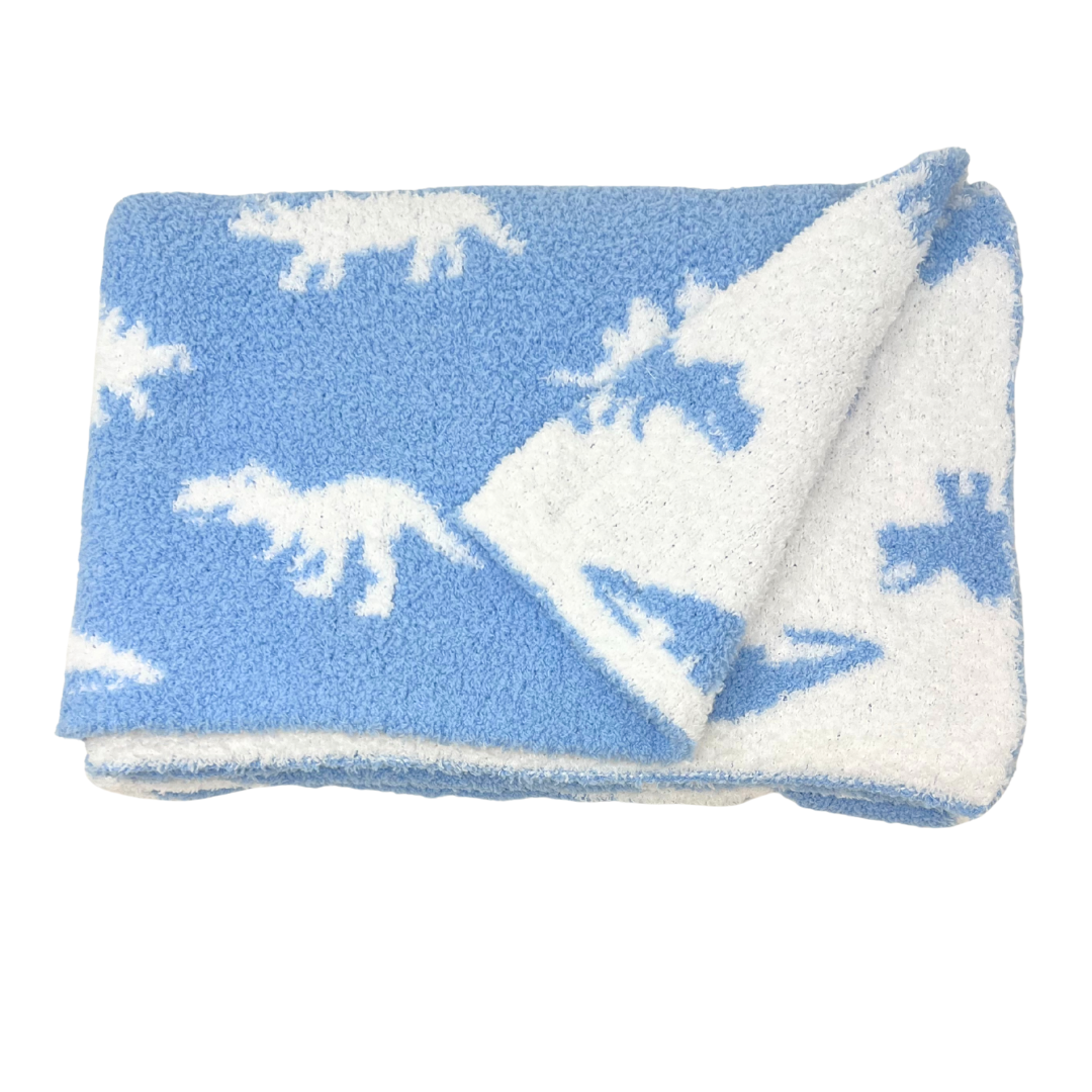 Baby Blanket with Leather Patch 28"x40"- Blue/White Dinosaur