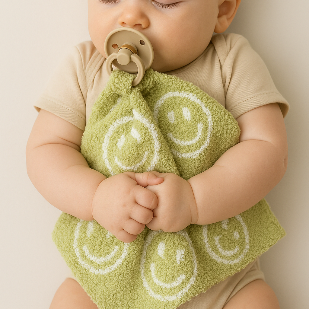 Baby Lovey Pacifier Holder 10"x10" - Green/White Smiley Face with Lightning Bolt Eyes