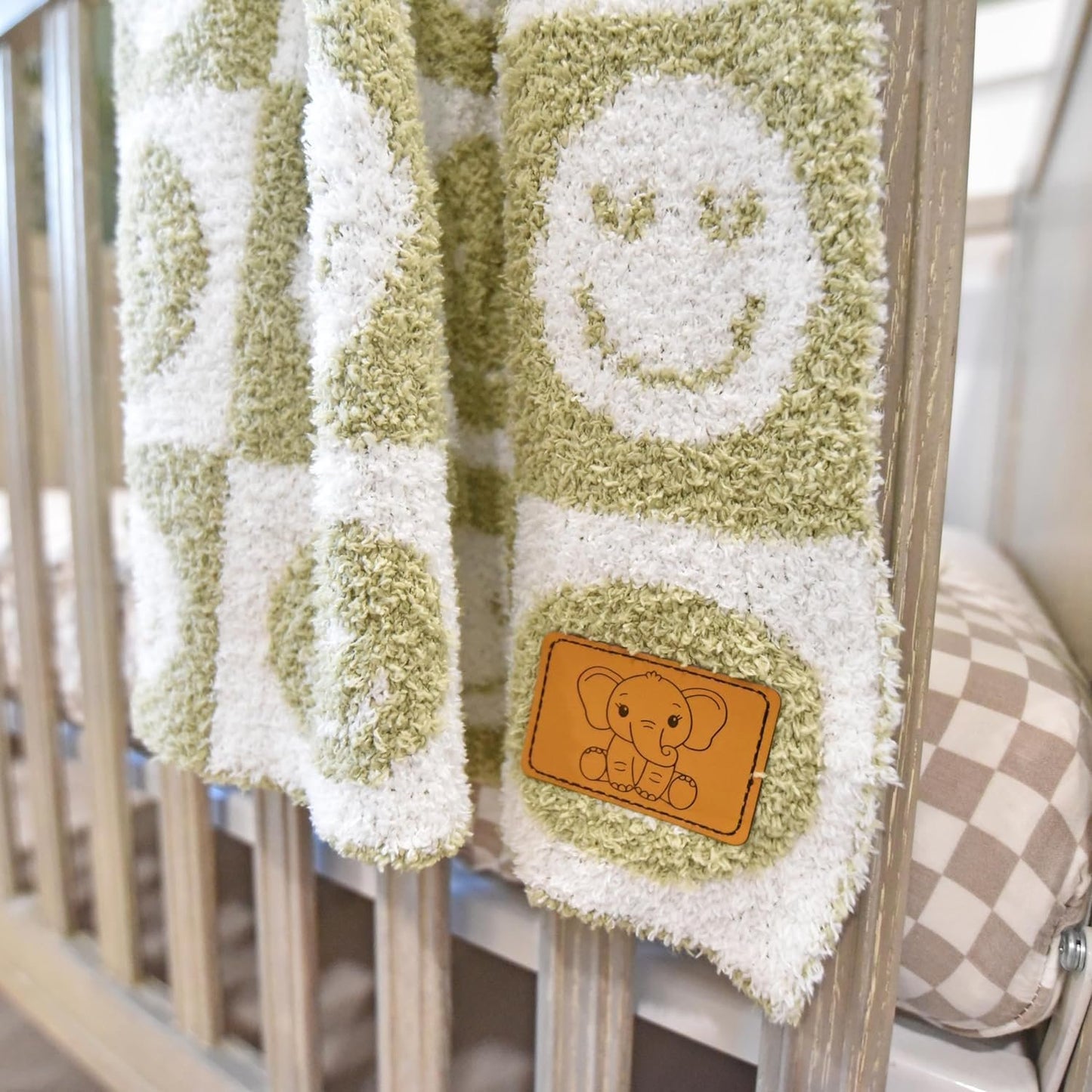 Baby Blanket Plush Fuzzy Reversible 28"x40"- Sage Green/White Checkered Smiley Face