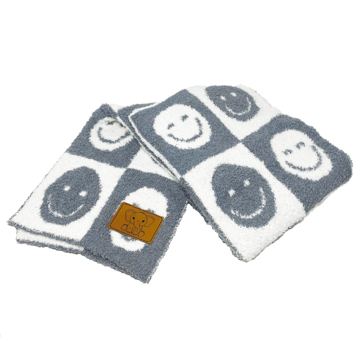 Baby Blanket with Leather Patch 28"x40"- Gray/White Checkered Smiley Face