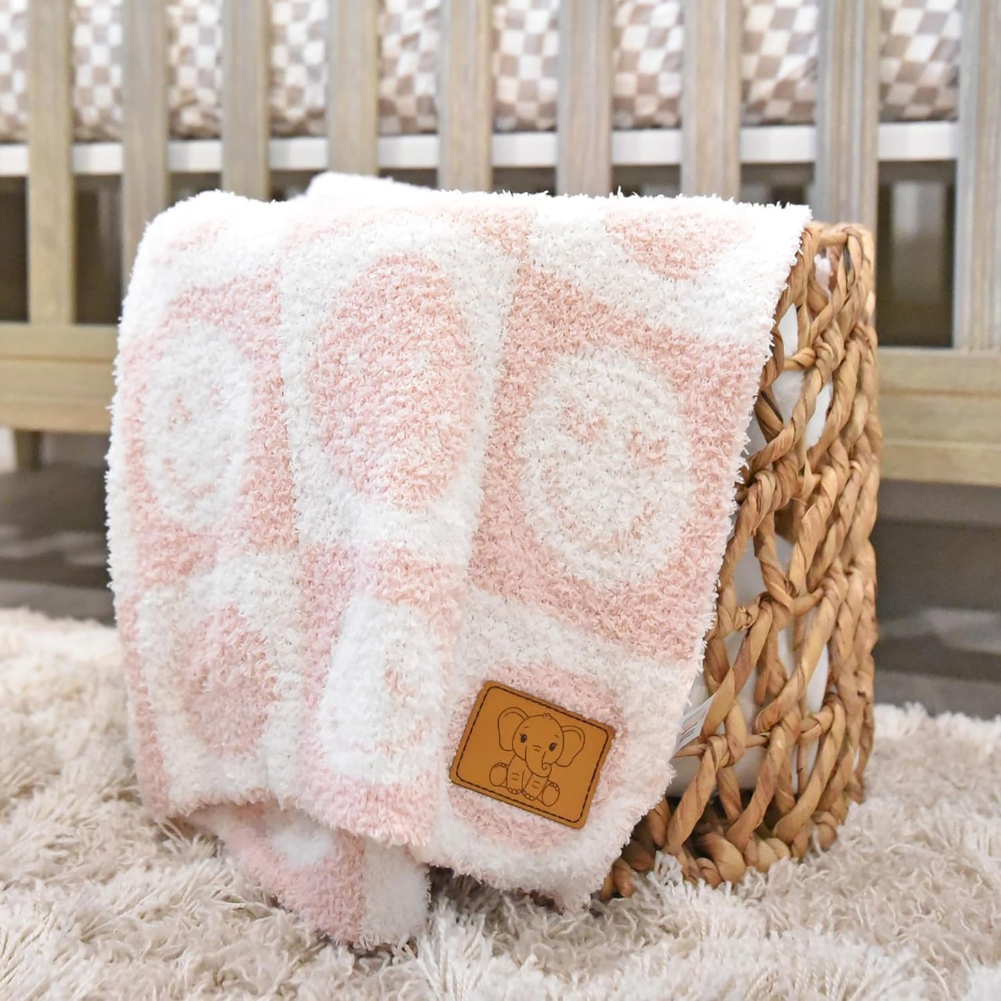 Baby Blanket with Leather Patch 28"x40"- Pink/White Checkered Smiley Face