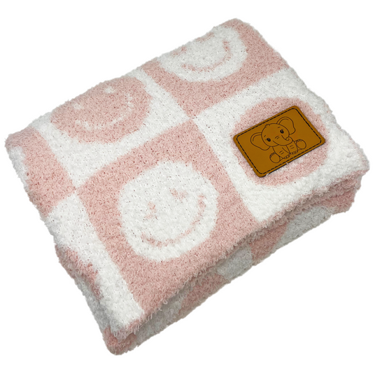 Baby Blanket with Leather Patch 28"x40"- Pink/White Checkered Smiley Face