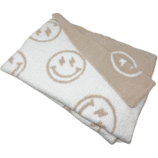 Baby Blanket Plush Fuzzy Reversible 28"x40"- Tan/White Smiley Face with Lightning Bolt Eyes