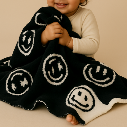 Baby Blanket 28"x40"- Black/White Smiley Face with Lightning Bolt Eyes