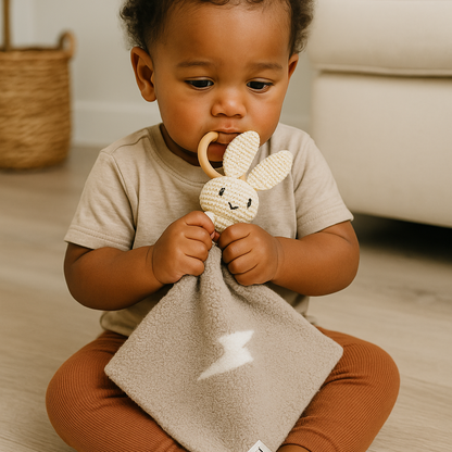 Baby Lovey Pacifier Holder 10"x10" - Tan/White Lightning Bolt