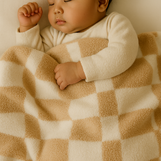 Baby Blanket with Leather Patch 28"x40"- Tan/White Checkered