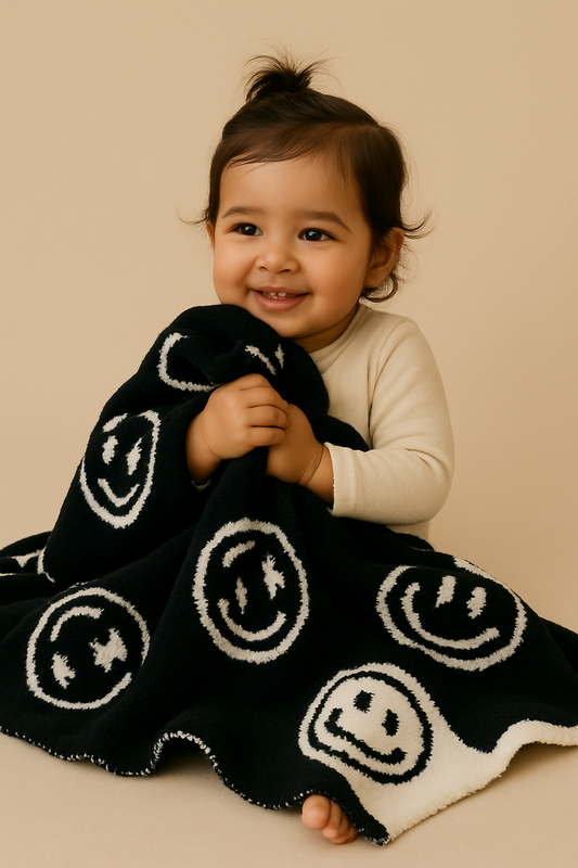 Baby Blanket 28"x40"- Black/White Smiley Face with Lightning Bolt Eyes