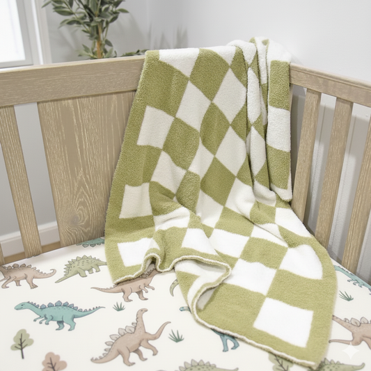Baby Blanket Plush Fuzzy Reversible 28"x40"- Sage Green/White Checkered