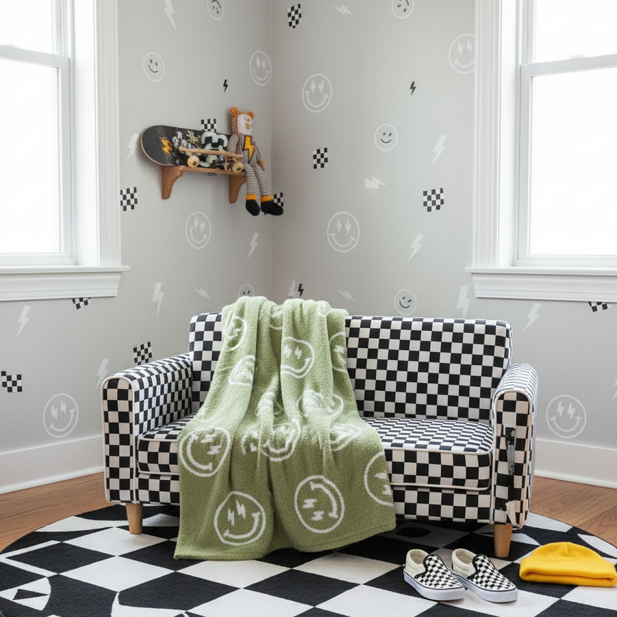 Baby Blanket Plush Fuzzy Reversible 28"x40"- Green/White Smiley Face with Lightning Bolt Eyes