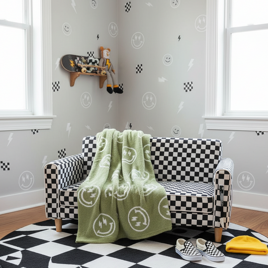 Baby Blanket Plush Fuzzy Reversible 28"x40"- Green/White Smiley Face with Lightning Bolt Eyes