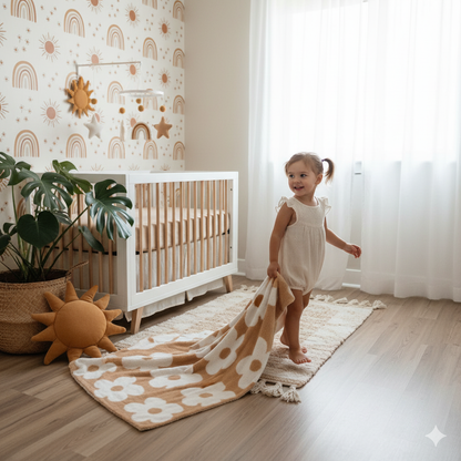 Baby Blanket Plush Fuzzy Reversible 28"x40"- Cafe/White Flower