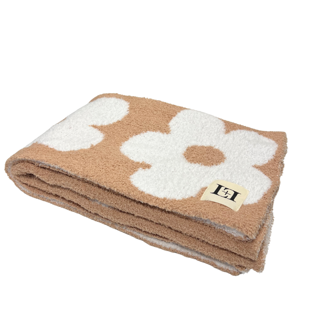 Baby Blanket Plush Fuzzy Reversible 28"x40"- Cafe/White Flower