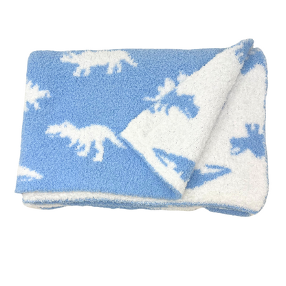 Baby Blanket with Leather Patch 28"x40"- Blue/White Dinosaur
