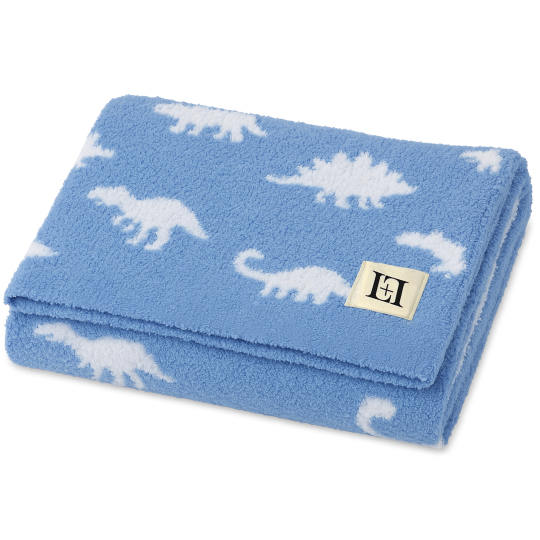 Baby Blanket with Leather Patch 28"x40"- Blue/White Dinosaur