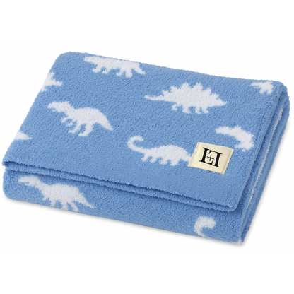 Baby Blanket with Leather Patch 28"x40"- Blue/White Dinosaur