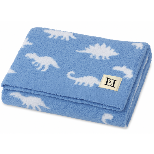 Baby Blanket with Leather Patch 28"x40"- Blue/White Dinosaur
