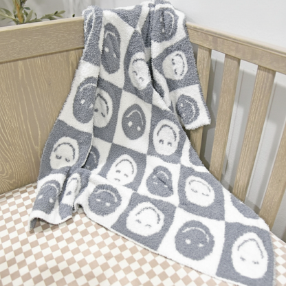 Baby Blanket with Leather Patch 28"x40"- Gray/White Checkered Smiley Face
