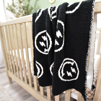 Baby Blanket with Leather Patch 28"x40"- Pink/White Checkered Smiley Face