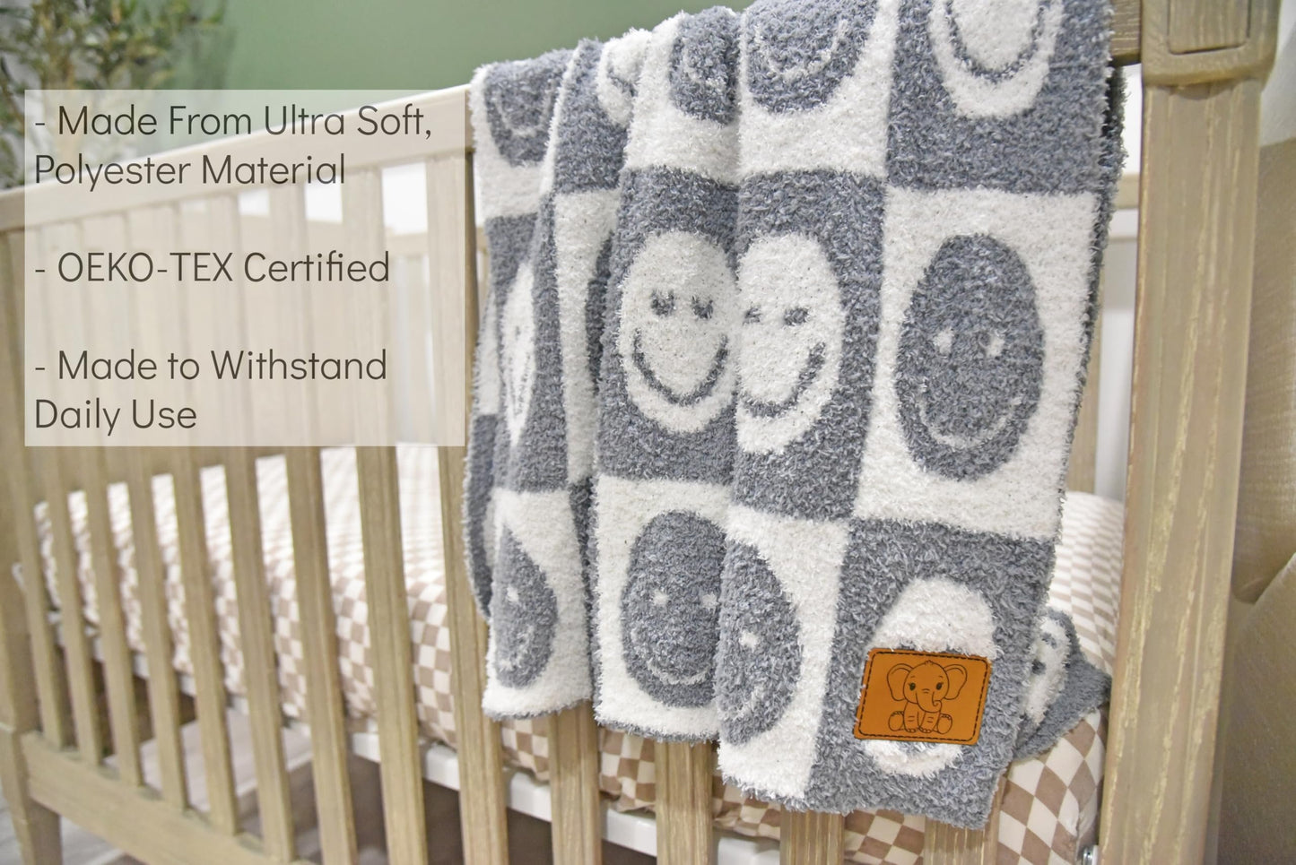 Baby Blanket with Leather Patch 28"x40"- Pink/White Checkered Smiley Face