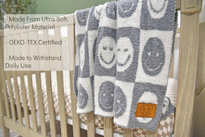 Baby Blanket with Leather Patch 28"x40"- Pink/White Checkered Smiley Face