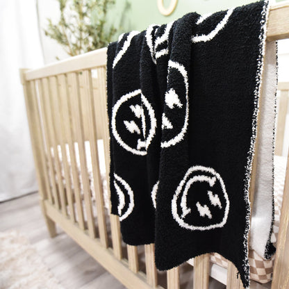 Baby Blanket with Leather Patch 28"x40"- Pink/White Checkered Smiley Face