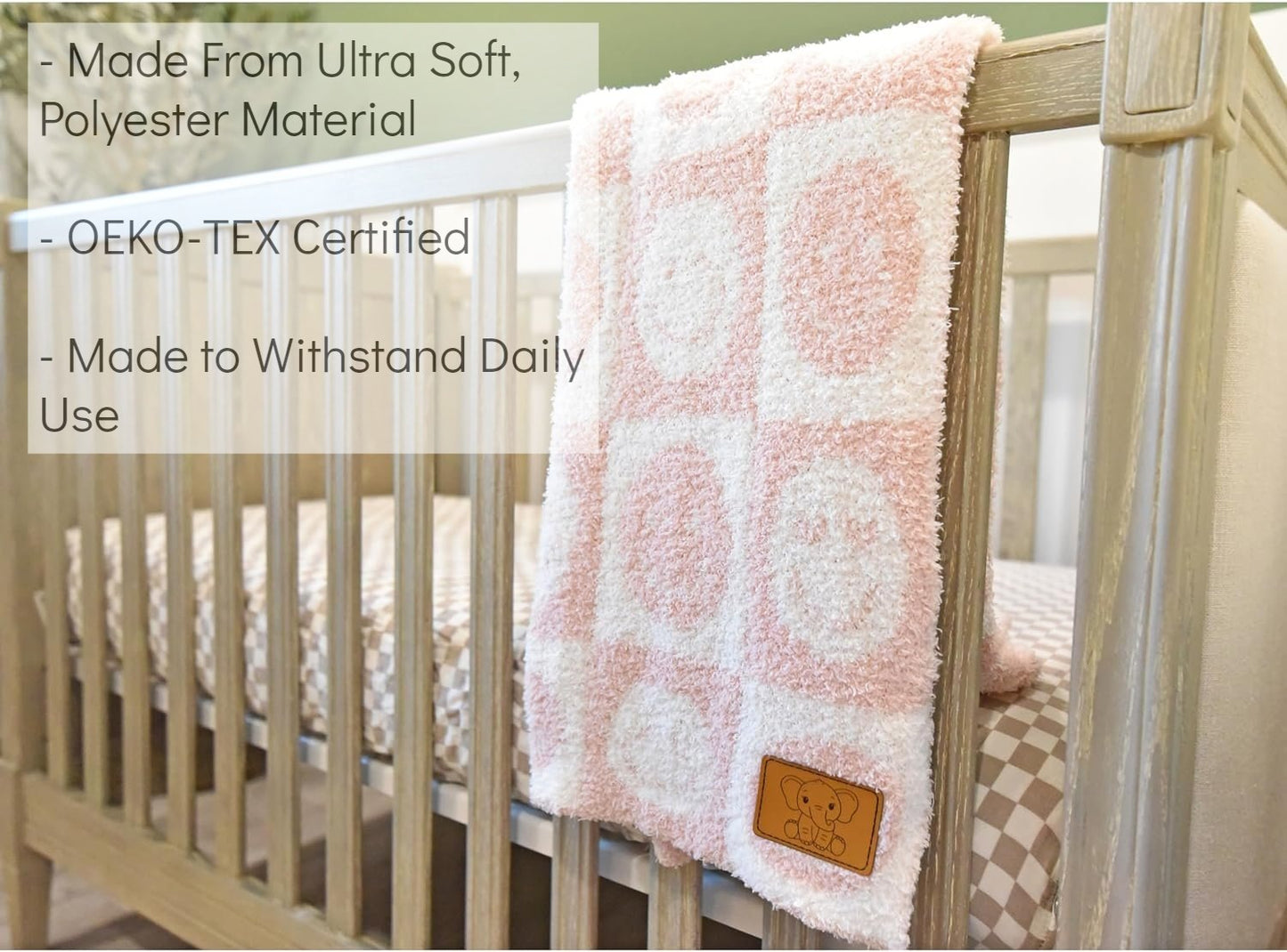 Baby Blanket Plush Fuzzy Reversible 28"x40"- Pink/White Checkered Smiley Face