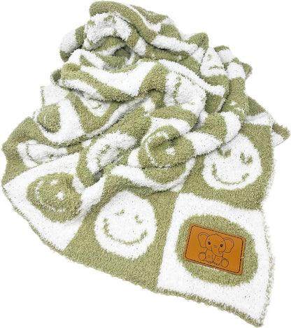 Baby Blanket with Leather Patch 28"x40"- Pink/White Checkered Smiley Face