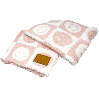 Baby Blanket with Leather Patch 28"x40"- Pink/White Checkered Smiley Face