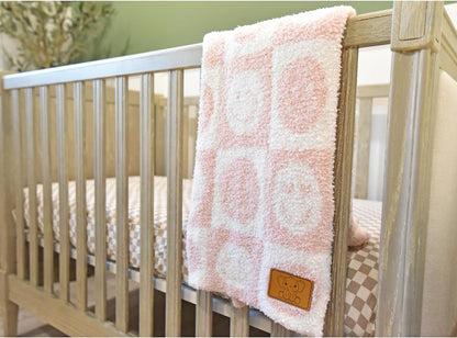Baby Blanket with Leather Patch 28"x40"- Pink/White Checkered Smiley Face