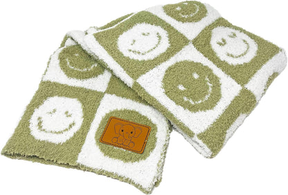 Baby Blanket with Leather Patch 28"x40"- Pink/White Checkered Smiley Face