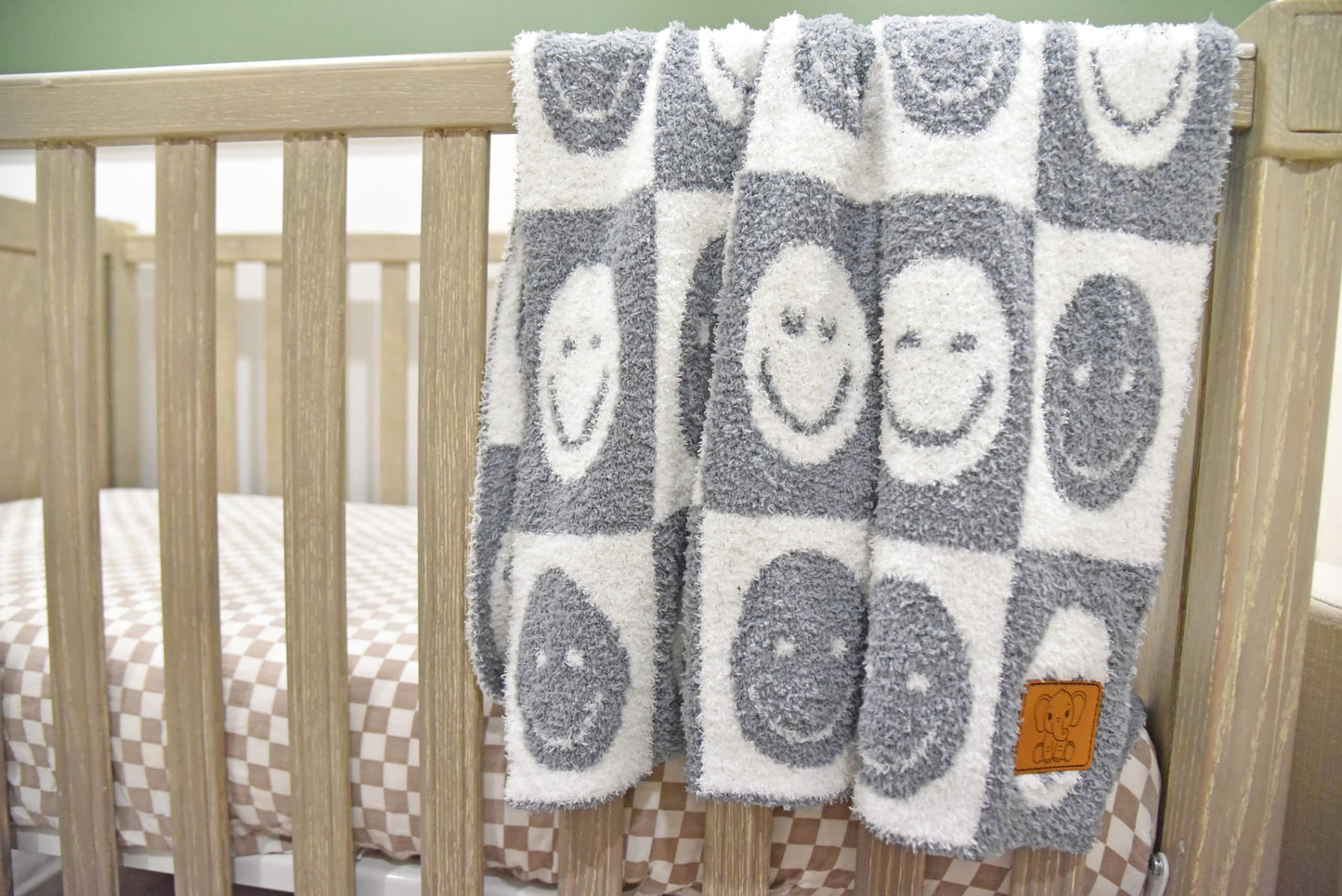 Baby Blanket with Leather Patch 28"x40"- Pink/White Checkered Smiley Face