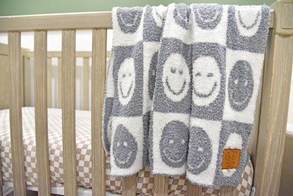 Baby Blanket with Leather Patch 28"x40"- Pink/White Checkered Smiley Face