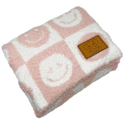 Baby Blanket Plush Fuzzy Reversible 28"x40"- Pink/White Checkered Smiley Face