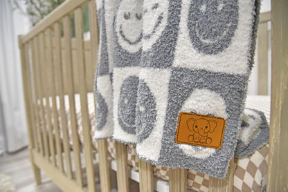 Baby Blanket with Leather Patch 28"x40"- Pink/White Checkered Smiley Face