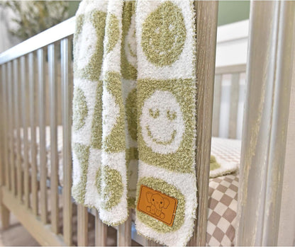 Baby Blanket with Leather Patch 28"x40"- Pink/White Checkered Smiley Face