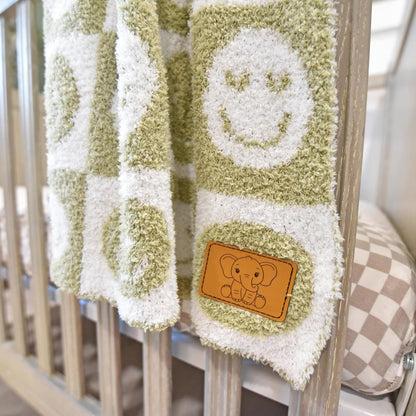 Baby Blanket with Leather Patch 28"x40"- Pink/White Checkered Smiley Face