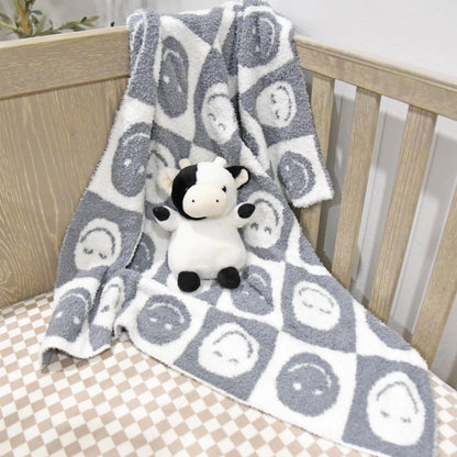 Baby Blanket with Leather Patch 28"x40"- Pink/White Checkered Smiley Face