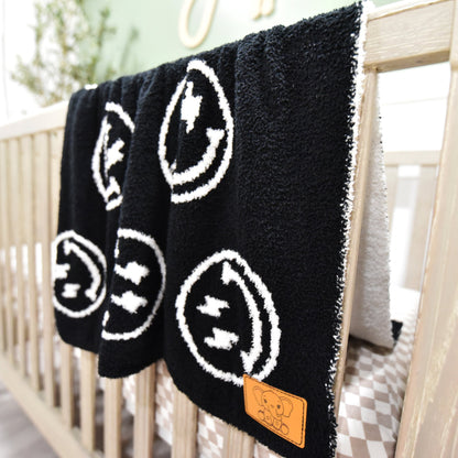 Baby Blanket with Leather Patch 28"x40"- Pink/White Checkered Smiley Face