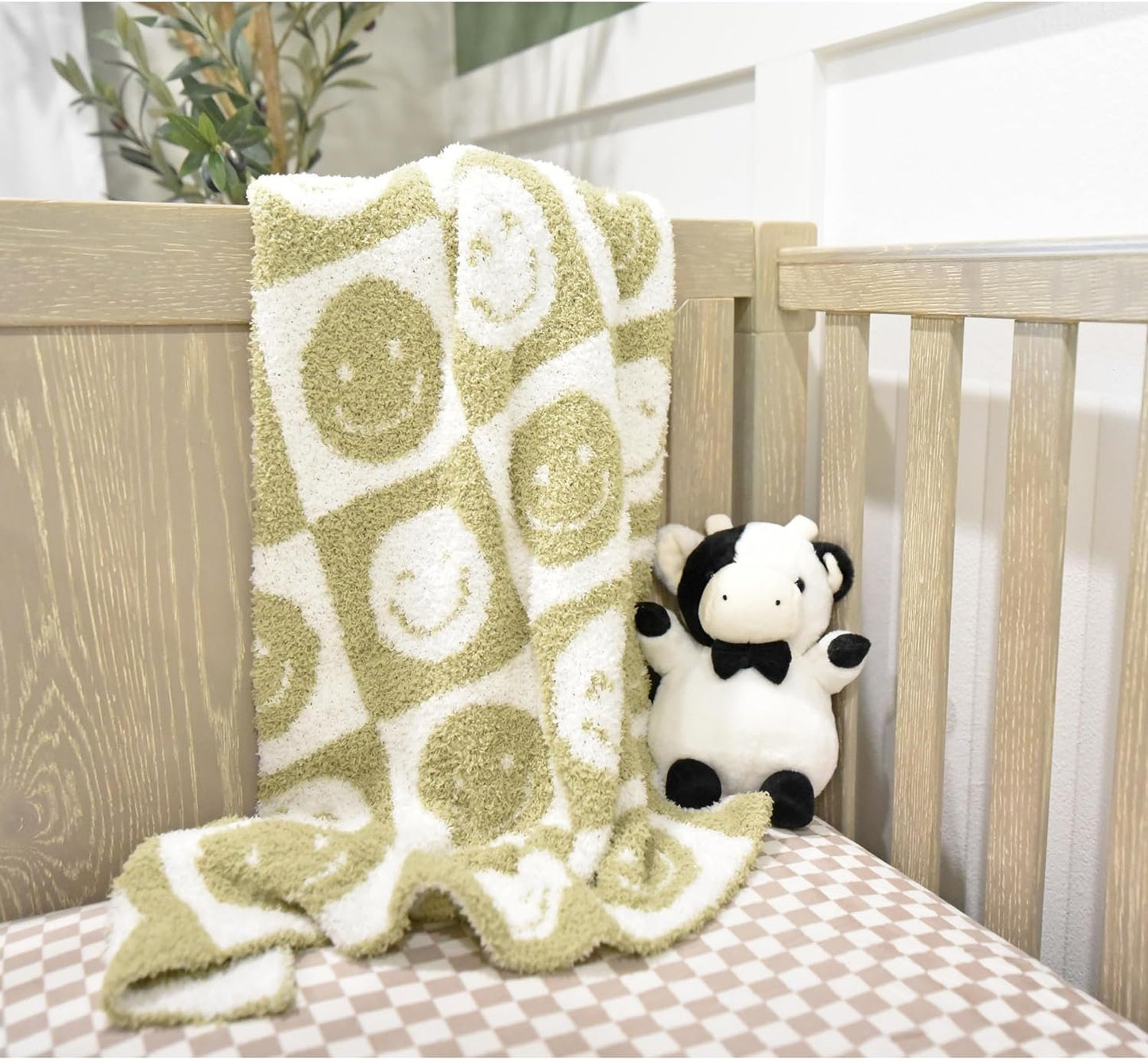 Baby Blanket with Leather Patch 28"x40"- Pink/White Checkered Smiley Face