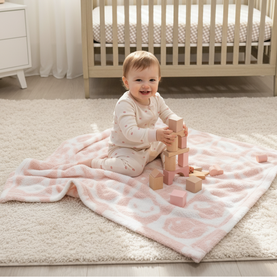 Baby Blanket Plush Fuzzy Reversible 28"x40"- Pink/White Checkered Smiley Face